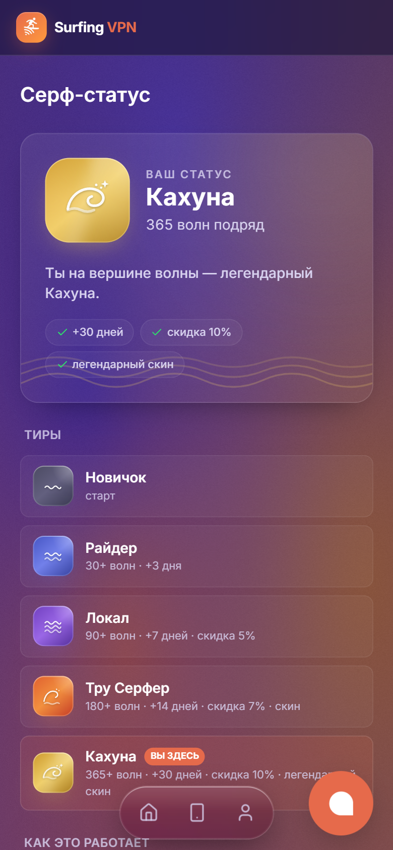 Страница «Серф-статус»: тир, волны, прогресс